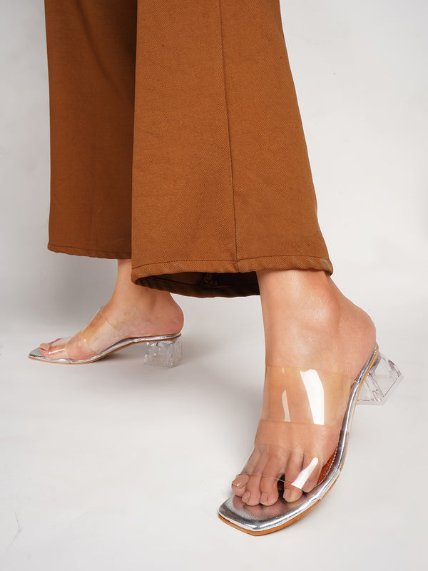 Women's Slip-On Dual-Strap Open square Toe transparent block heels Silver