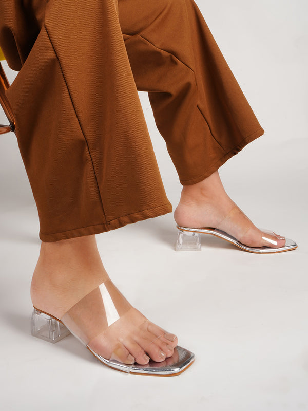 Women's Slip-On Dual-Strap Open square Toe transparent block heels Silver