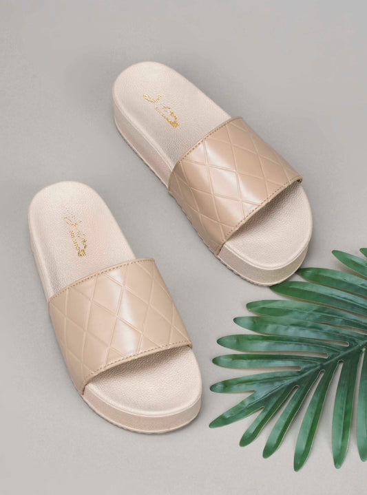 women's platform slides with a quilted upper strap
 Beige