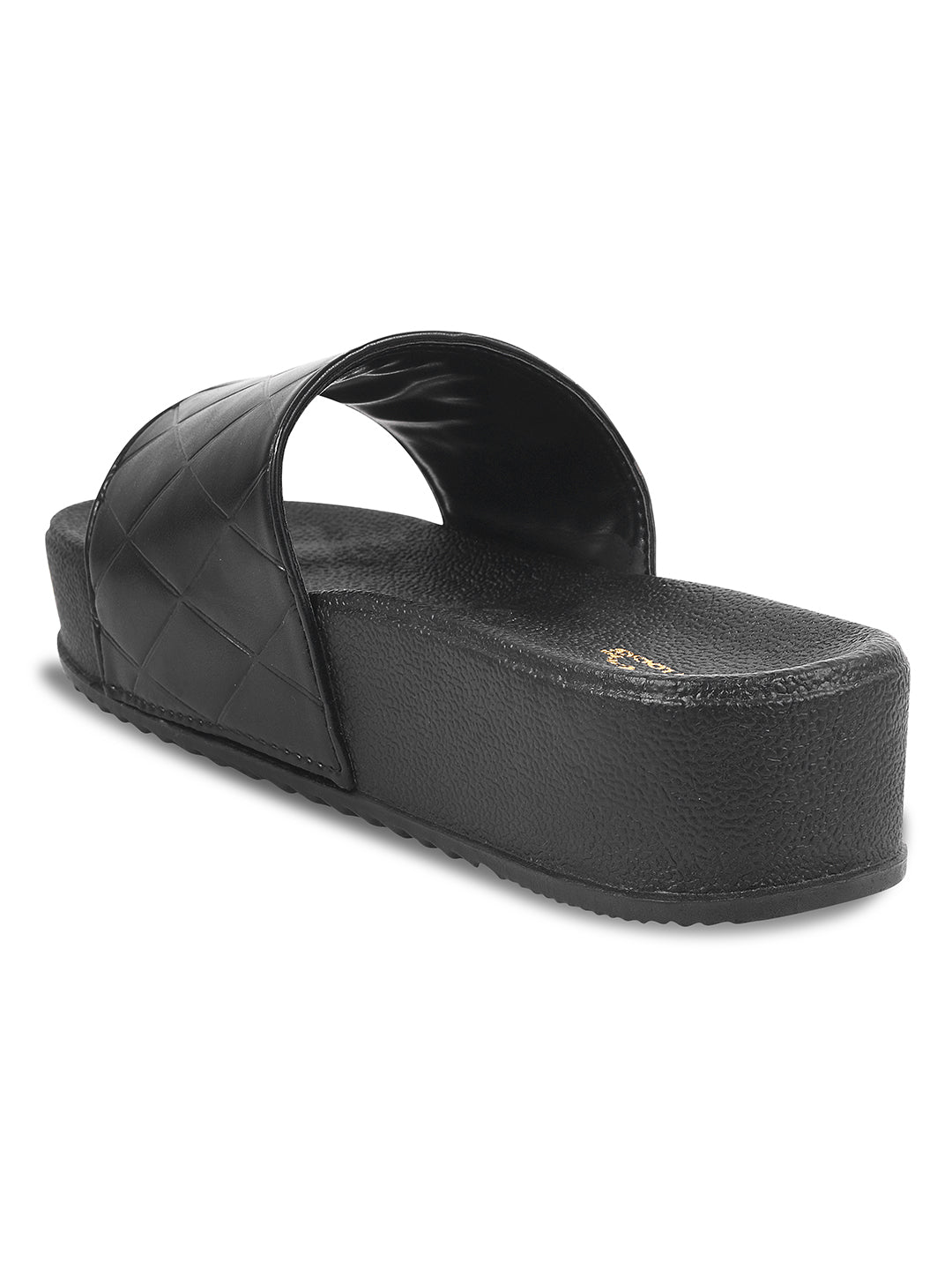 women's platform slides with a quilted upper strap
 Black