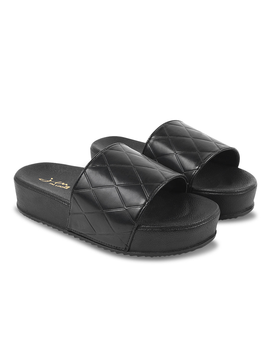 women's platform slides with a quilted upper strap
 Black