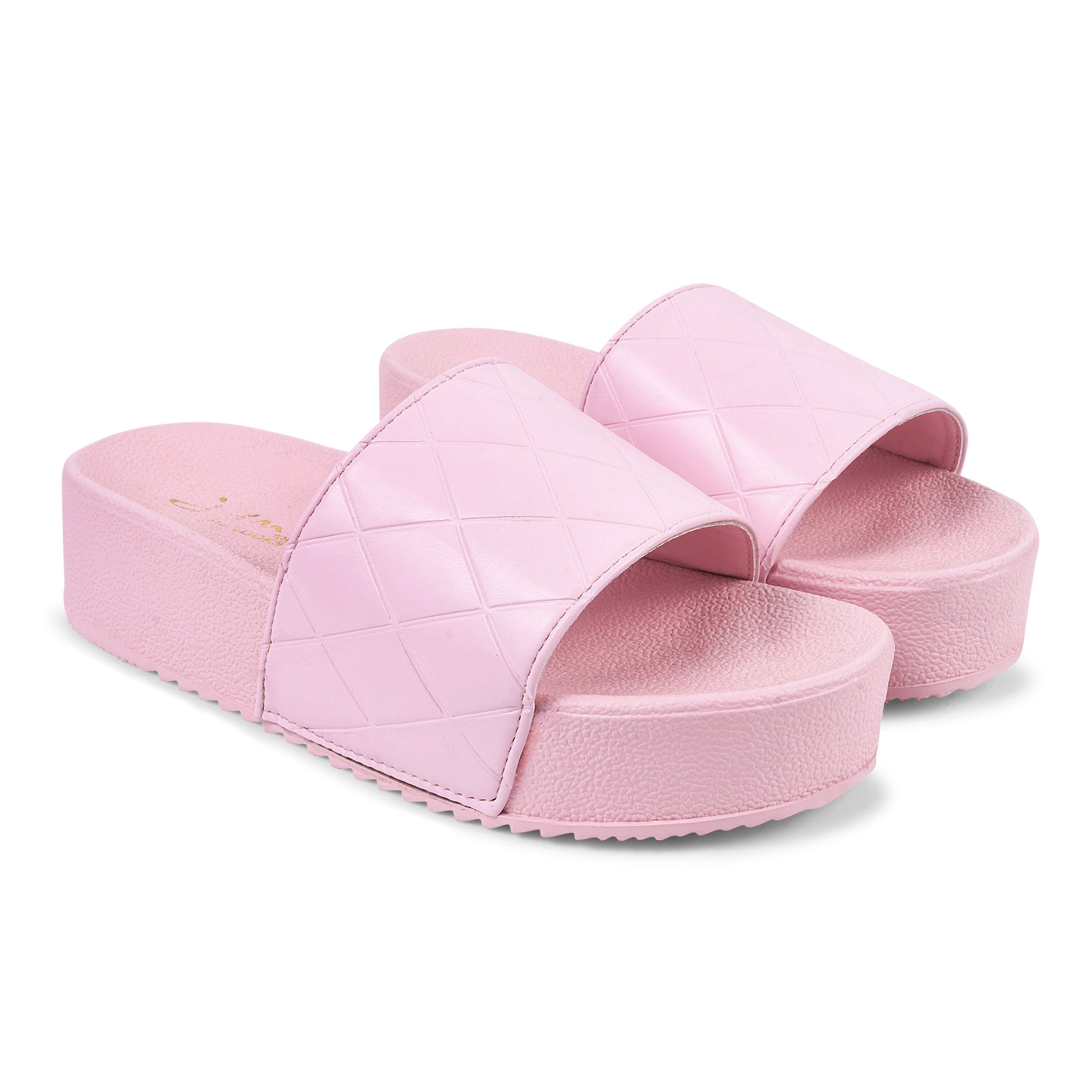 women's platform slides with a quilted upper strap
 Pink