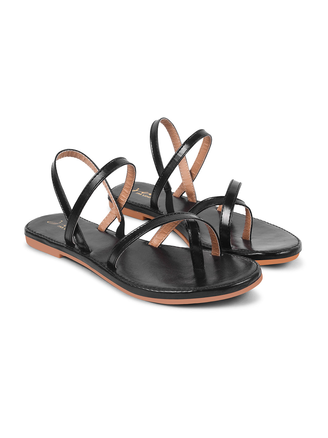 women's strappy thong flat sandals with multiple thin straps
 Black