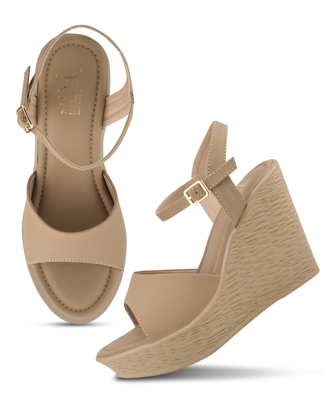Beige peep-toe wedge heels with ankle buckle strap