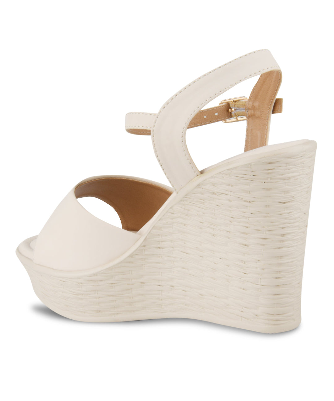 Cream peep-toe wedge heels with ankle buckle strap