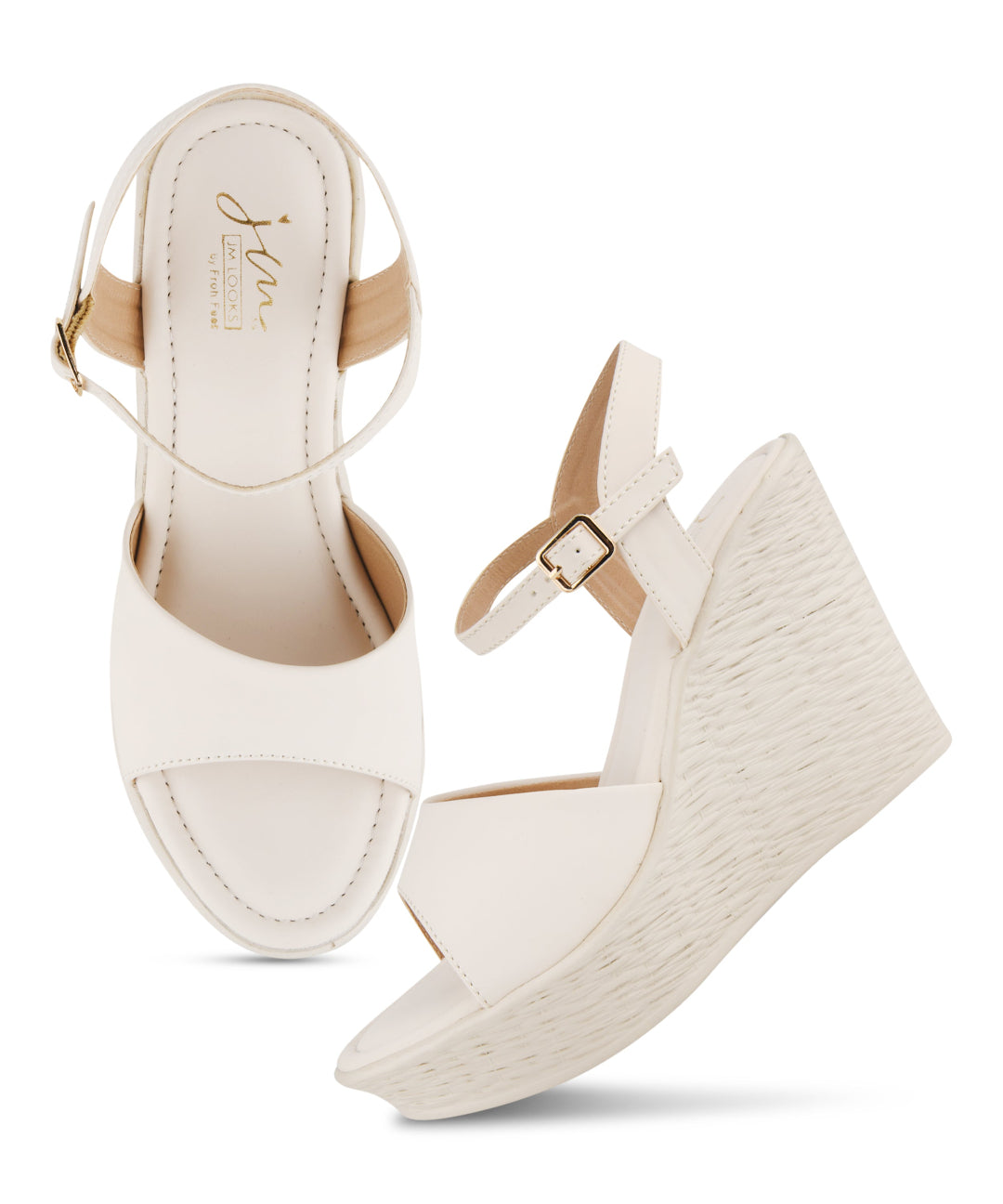 Cream peep-toe wedge heels with ankle buckle strap