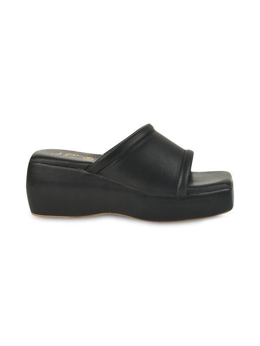 JM LOOKS Women Platform Wedge Heels Slip-On Square Open Toe Comfortable Solid Sole Sandals Black