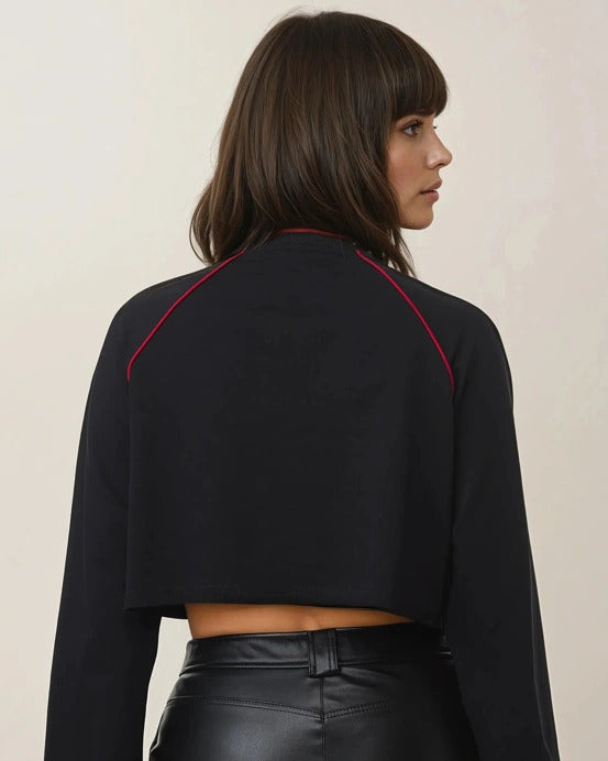 Satan's Babe graphic crop sweatshirt in black with red slogan print, contrast piping and long sleeves