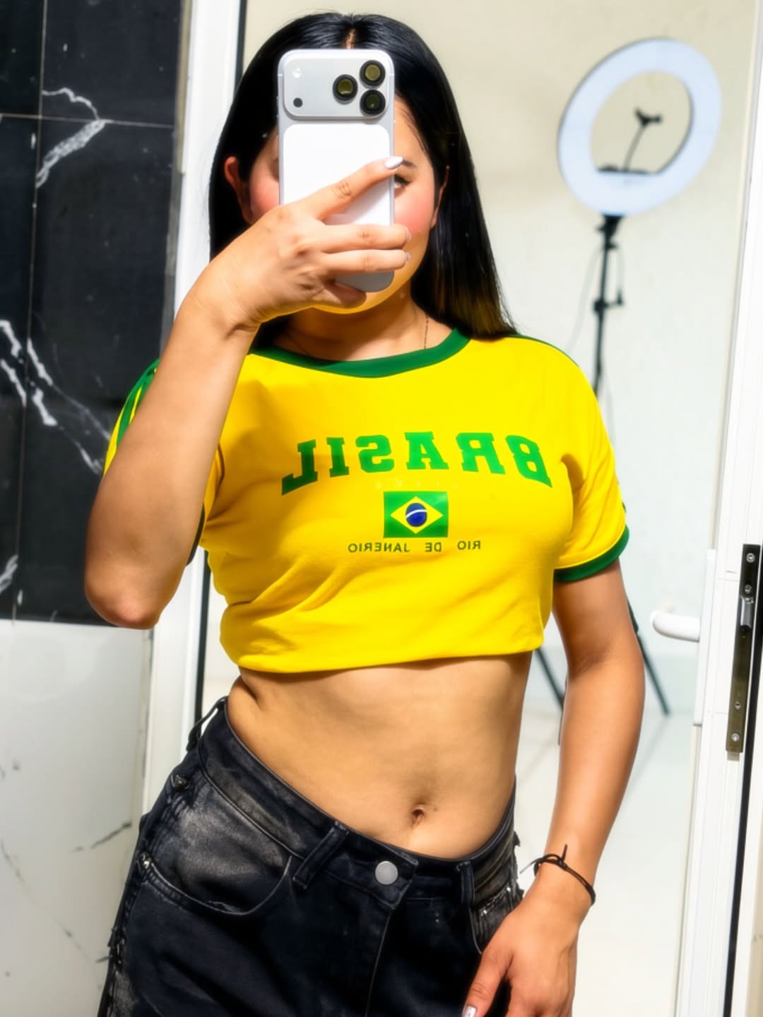 Yellow Brasil printed crop top with green ribbed trims, side stripes, flag graphic, and short sleeves