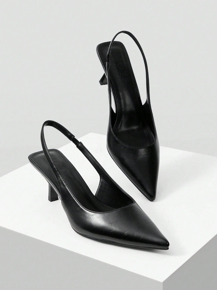 Slingback Heels for Women featuring pointed toe design, elastic back strap, kitten heel, comfortable everyday wear Black