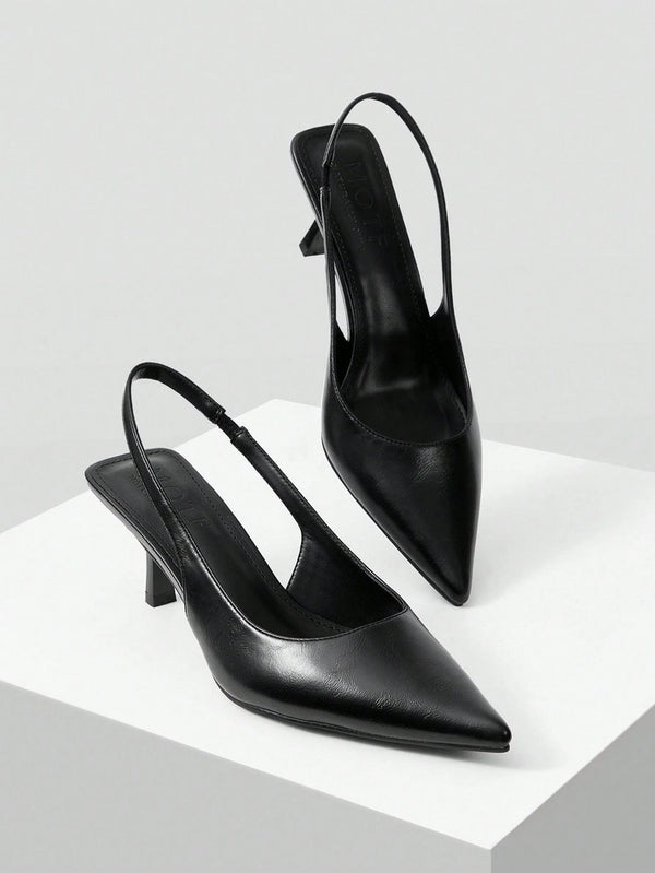 Slingback Heels for Women featuring pointed toe design, elastic back strap, kitten heel, comfortable everyday wear Black