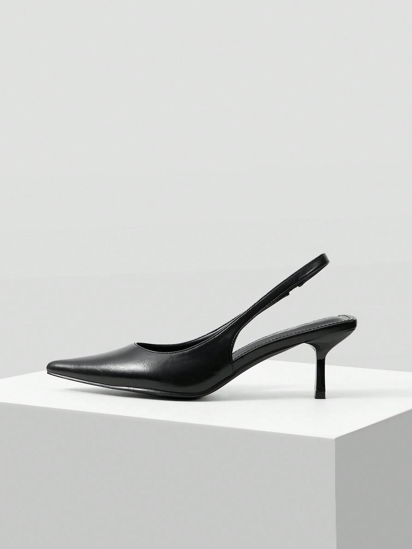 Slingback Heels for Women featuring pointed toe design, elastic back strap, kitten heel, comfortable everyday wear Black