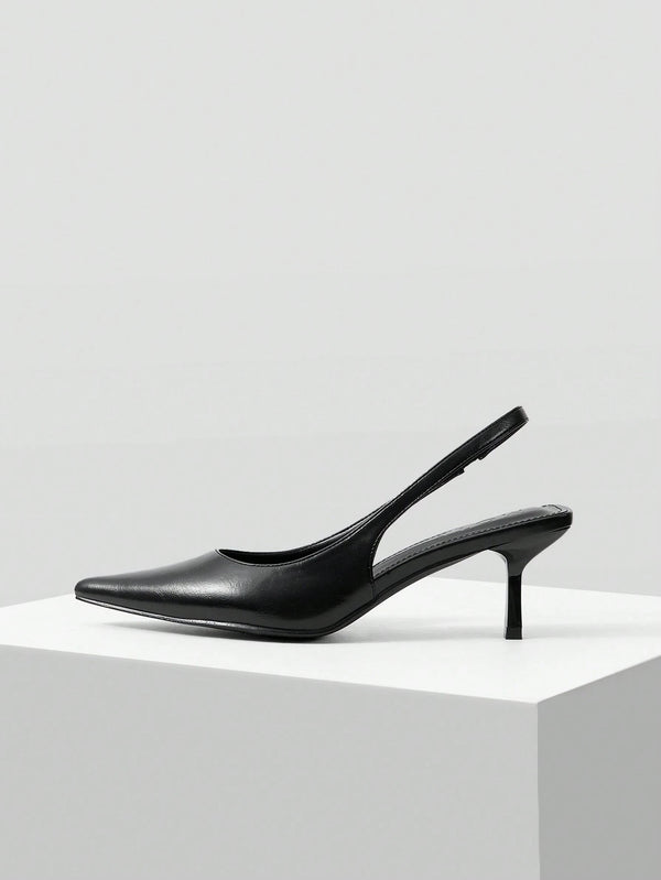 Slingback Heels for Women featuring pointed toe design, elastic back strap, kitten heel, comfortable everyday wear Black