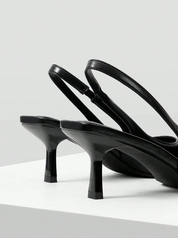Slingback Heels for Women featuring pointed toe design, elastic back strap, kitten heel, comfortable everyday wear Black