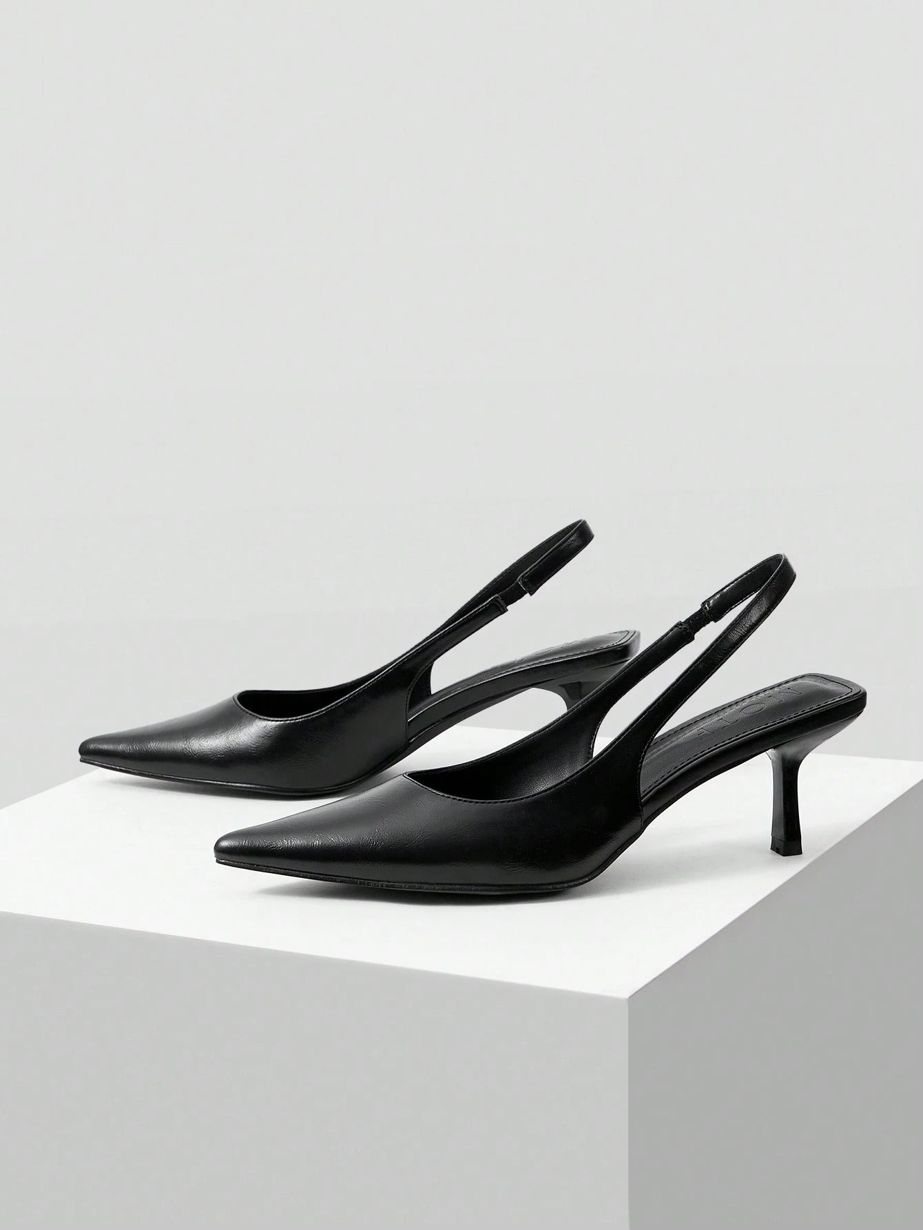 Slingback Heels for Women featuring pointed toe design, elastic back strap, kitten heel, comfortable everyday wear Black