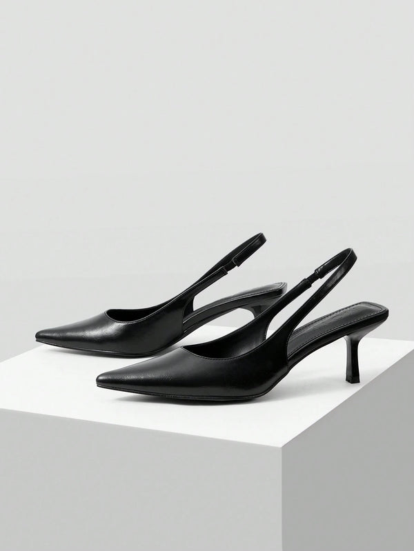 Slingback Heels for Women featuring pointed toe design, elastic back strap, kitten heel, comfortable everyday wear Black