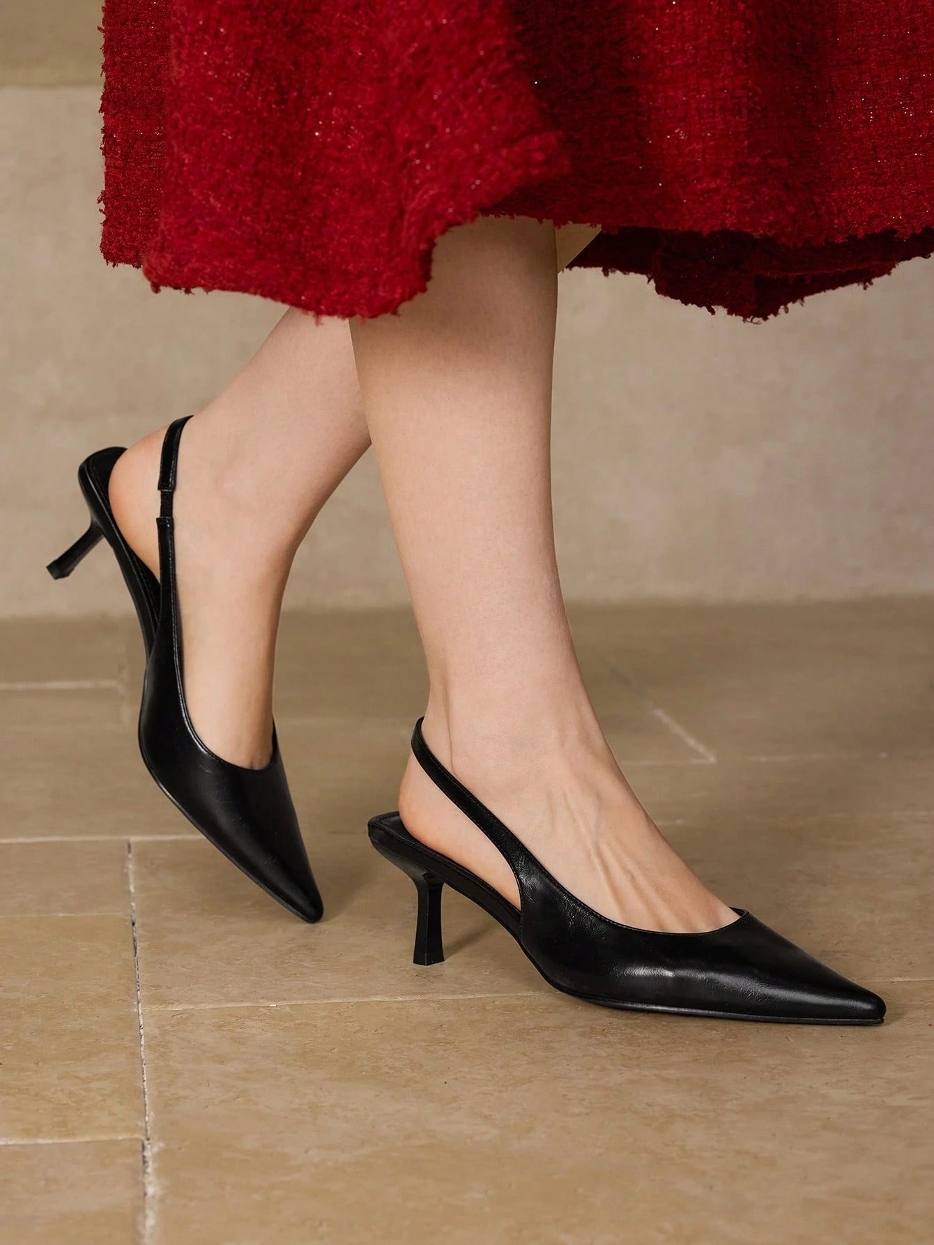 Slingback Heels for Women featuring pointed toe design, elastic back strap, kitten heel, comfortable everyday wear Black