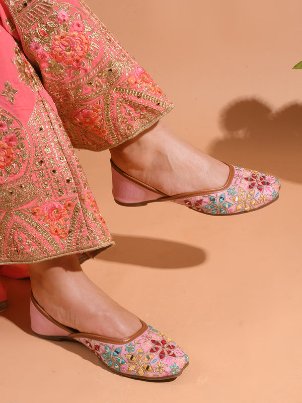 Embroidered Square-Toe Flats jutti Handmade Thread Designs for Women Peach