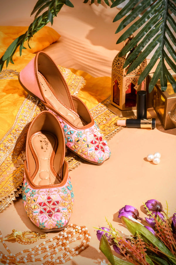 Embroidered Square-Toe Flats jutti Handmade Thread Designs for Women Peach