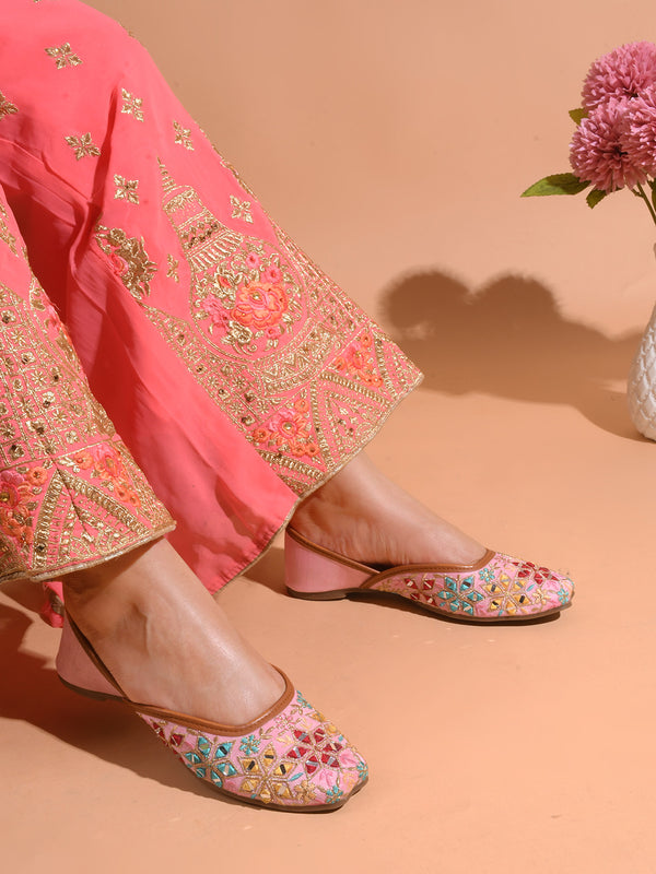 Embroidered Square-Toe Flats jutti Handmade Thread Designs for Women Peach