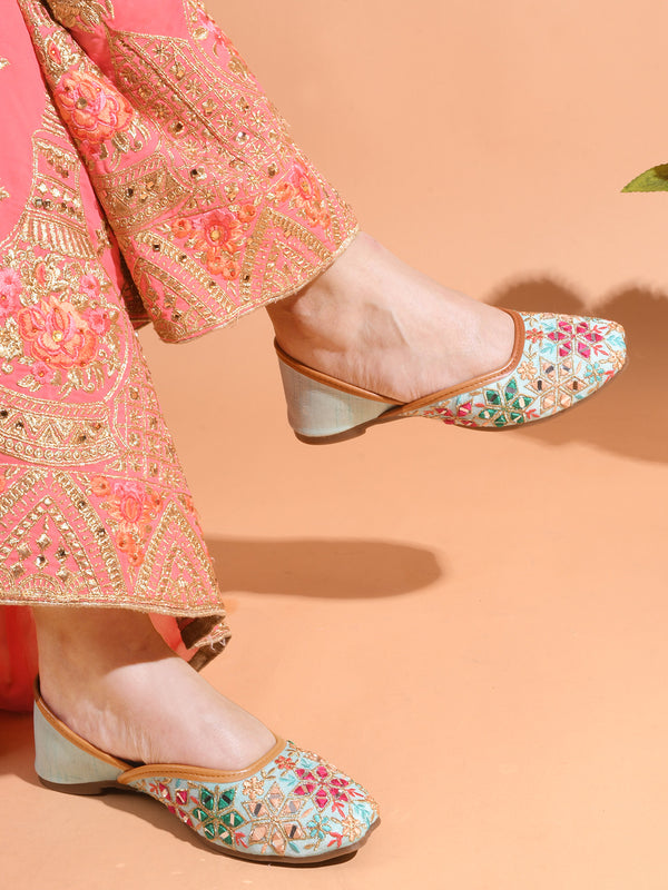 Embroidered Square-Toe Flats jutti Handmade Thread Designs for Women Sea Green