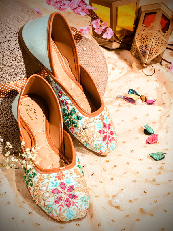 Embroidered Square-Toe Flats jutti Handmade Thread Designs for Women Sea Green