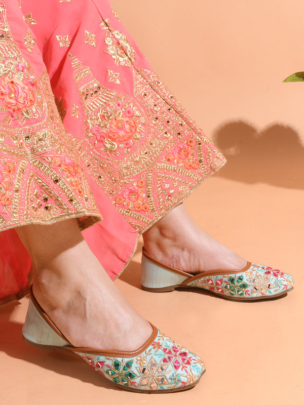Embroidered Square-Toe Flats jutti Handmade Thread Designs for Women Sea Green
