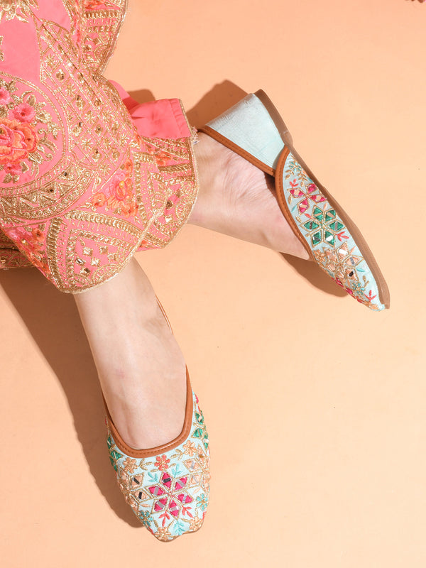Embroidered Square-Toe Flats jutti Handmade Thread Designs for Women Sea Green