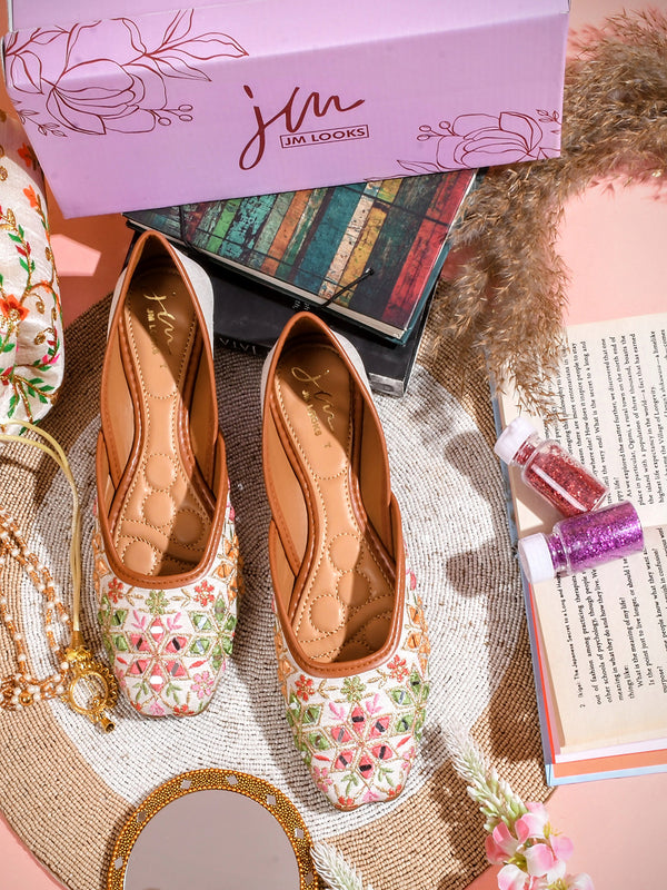 Embroidered Square-Toe Flats jutti Handmade Thread Designs for Women White