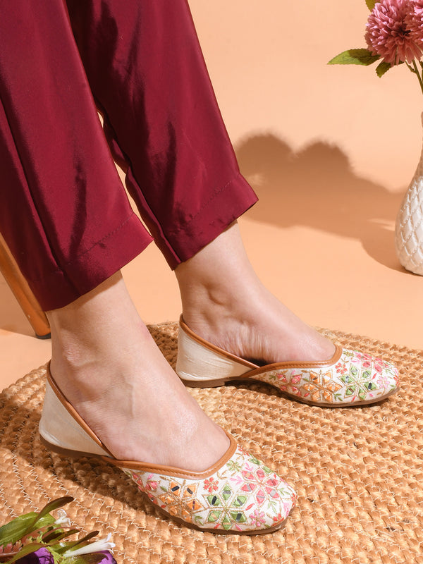 Embroidered Square-Toe Flats jutti Handmade Thread Designs for Women White