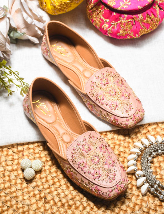 JM Looks loafer jutti flats featuring intricate embroidery and subtle embellishments
 Peach