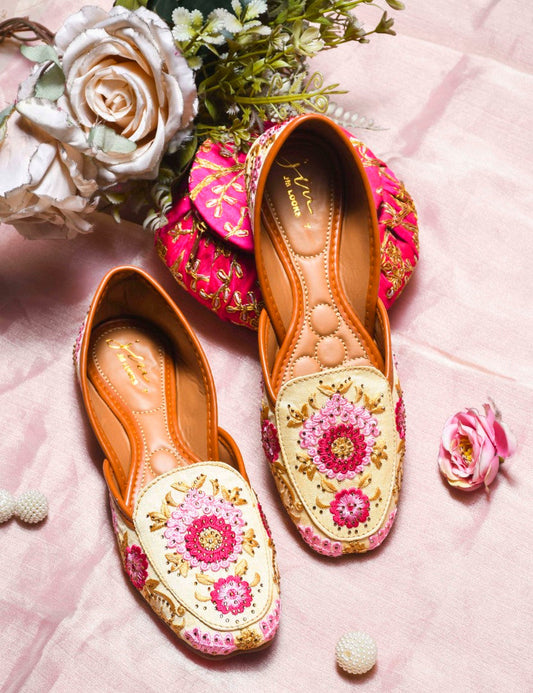 JM Looks jutti flats featuring intricate floral embroidery and a pointed toe
 Gold