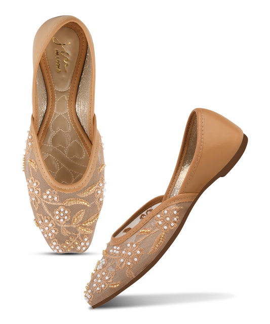 Beige Women Beaded Mesh Embellished Ethnic Round-Toe Juttis for Festive Wear