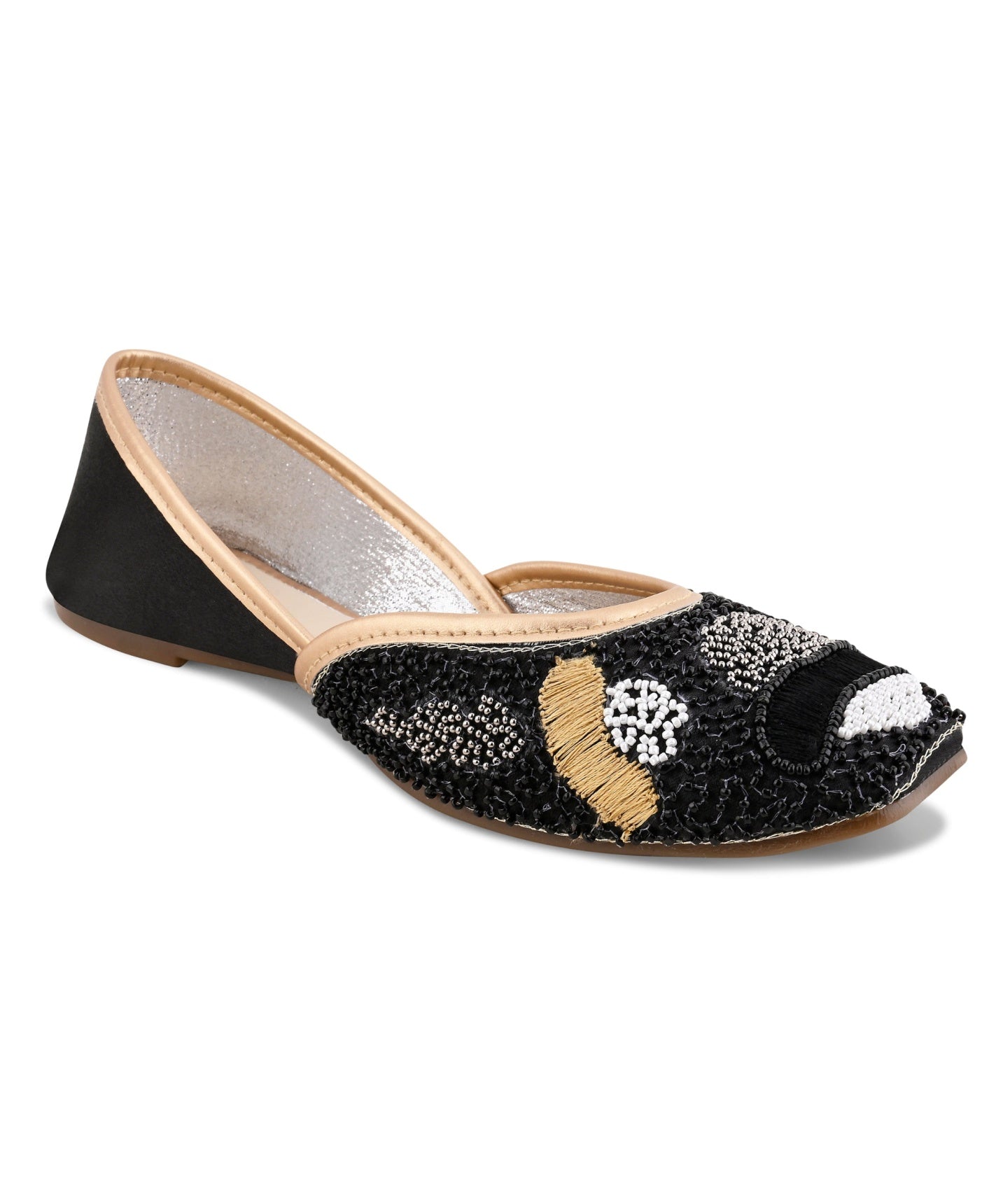 Black pearl beaded ethnic jutti for women with golden piping, black bead detailing, pointed toe flat