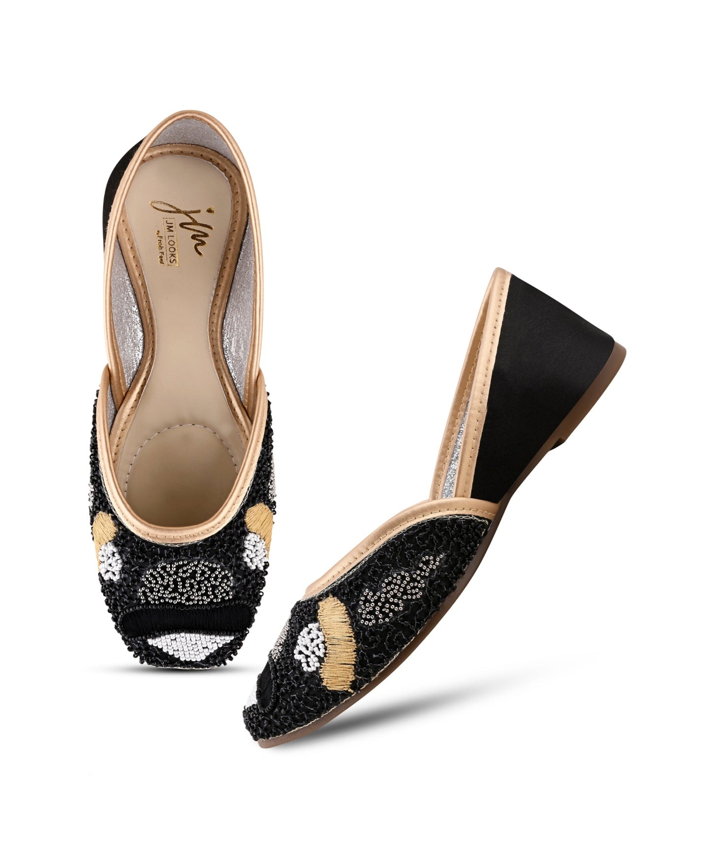 Black pearl beaded ethnic jutti for women with golden piping, black bead detailing, pointed toe flat