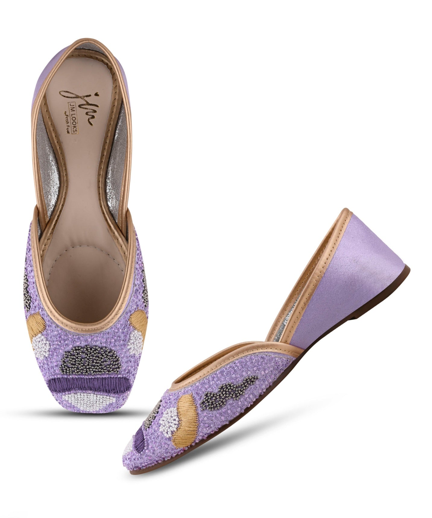 Purple pearl beaded ethnic jutti for women with golden piping, black bead detailing, pointed toe flat