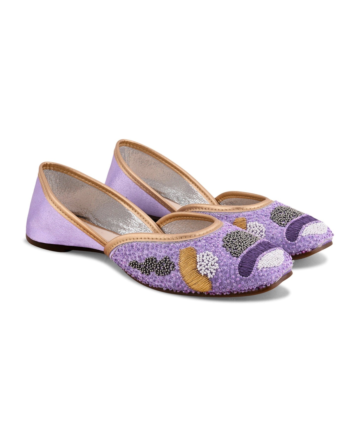 Purple pearl beaded ethnic jutti for women with golden piping, black bead detailing, pointed toe flat