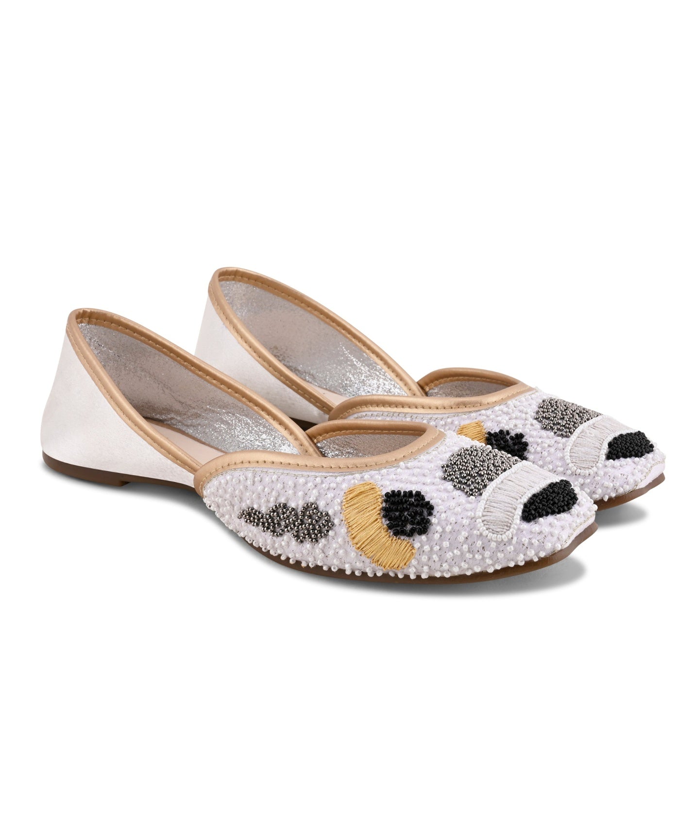White pearl beaded ethnic jutti for women with golden piping, black bead detailing, pointed toe flat