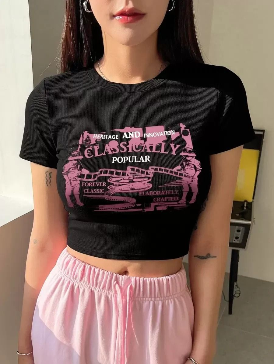 JM Looks Women Black Ribbed Crop T-Shirt – Vintage Classically Popular Graphic