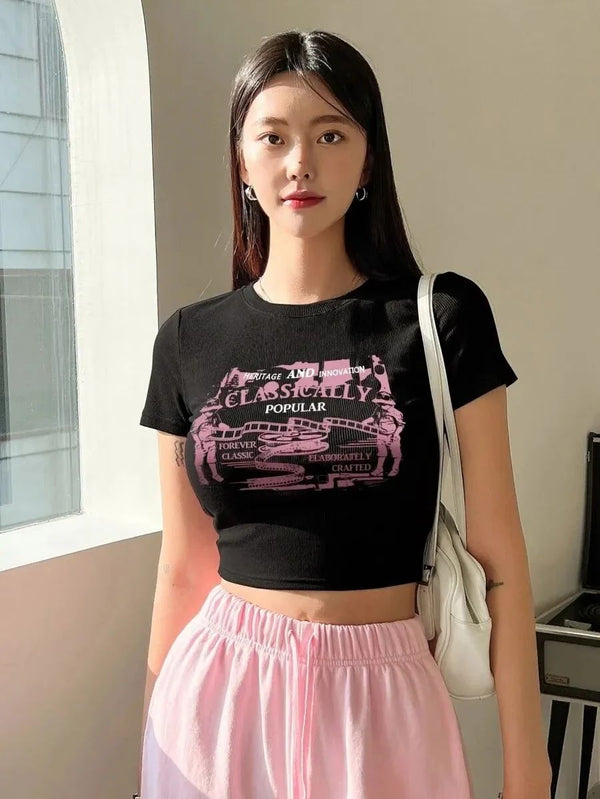 Women Black Ribbed Crop T-Shirt – Vintage Classically Popular Graphic