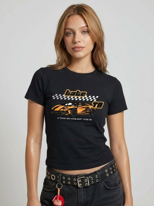 JM Looks Women Black Automotive Graphic Crop T-Shirt – Sports Car Print