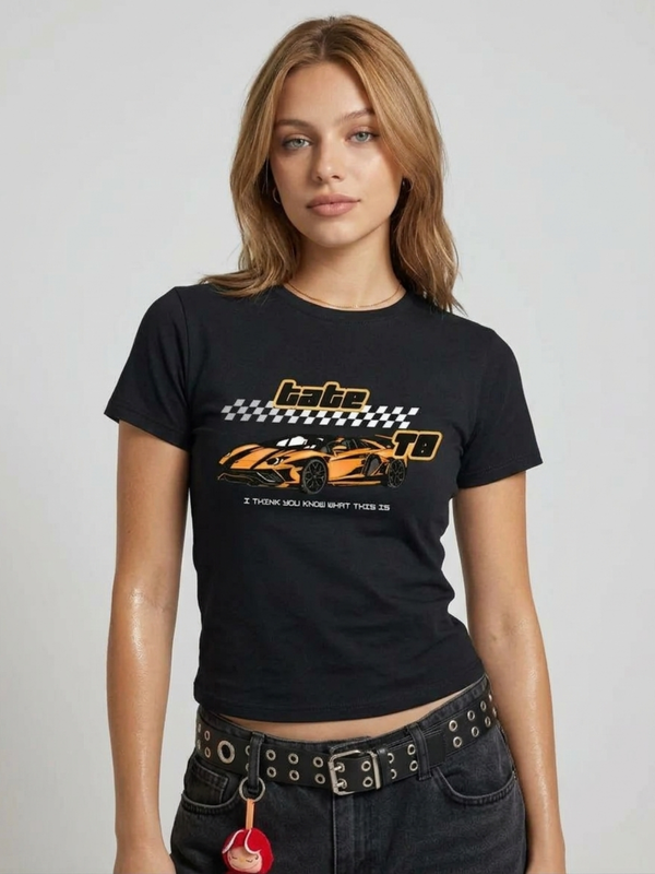 Women Black Automotive Graphic Crop T-Shirt – Sports Car Print