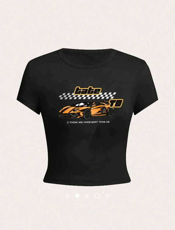 Women Black Automotive Graphic Crop T-Shirt – Sports Car Print