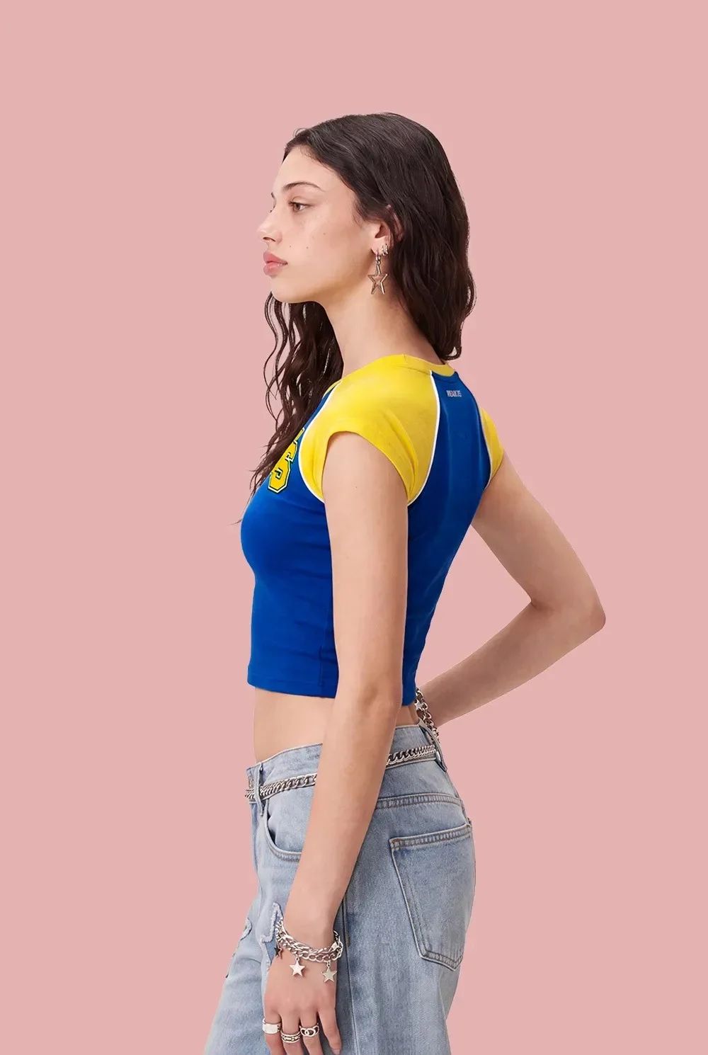 Blue Yellow Colorblock Raglan Crop Top