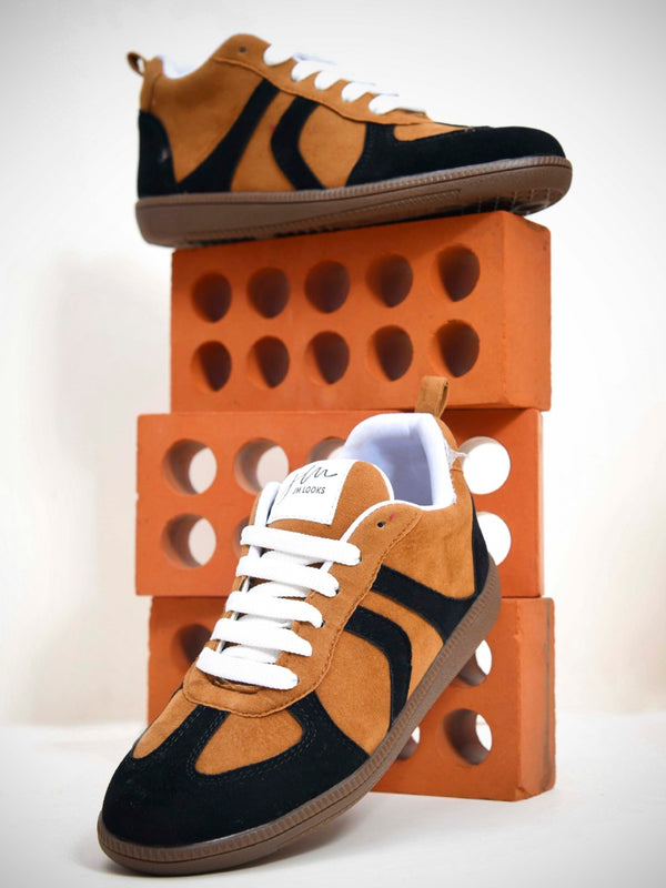 Tan-Black Colorblock Trainer Sneakers for Women lace-up suede panel casual stylish shoes