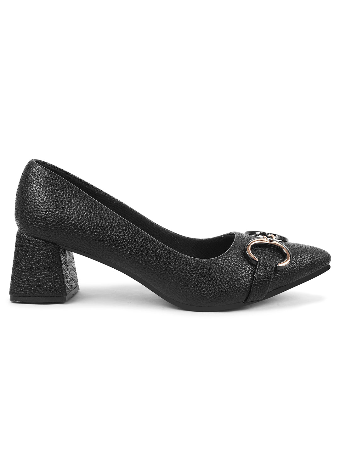 women's block heel pumps featuring a pointed toe and a decorative buckle embellishment
 Black