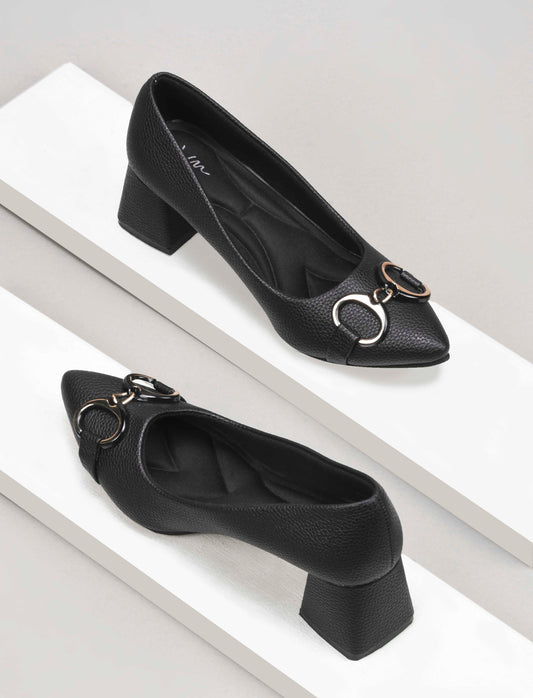 women's block heel pumps featuring a pointed toe and a decorative buckle embellishment
 Black
