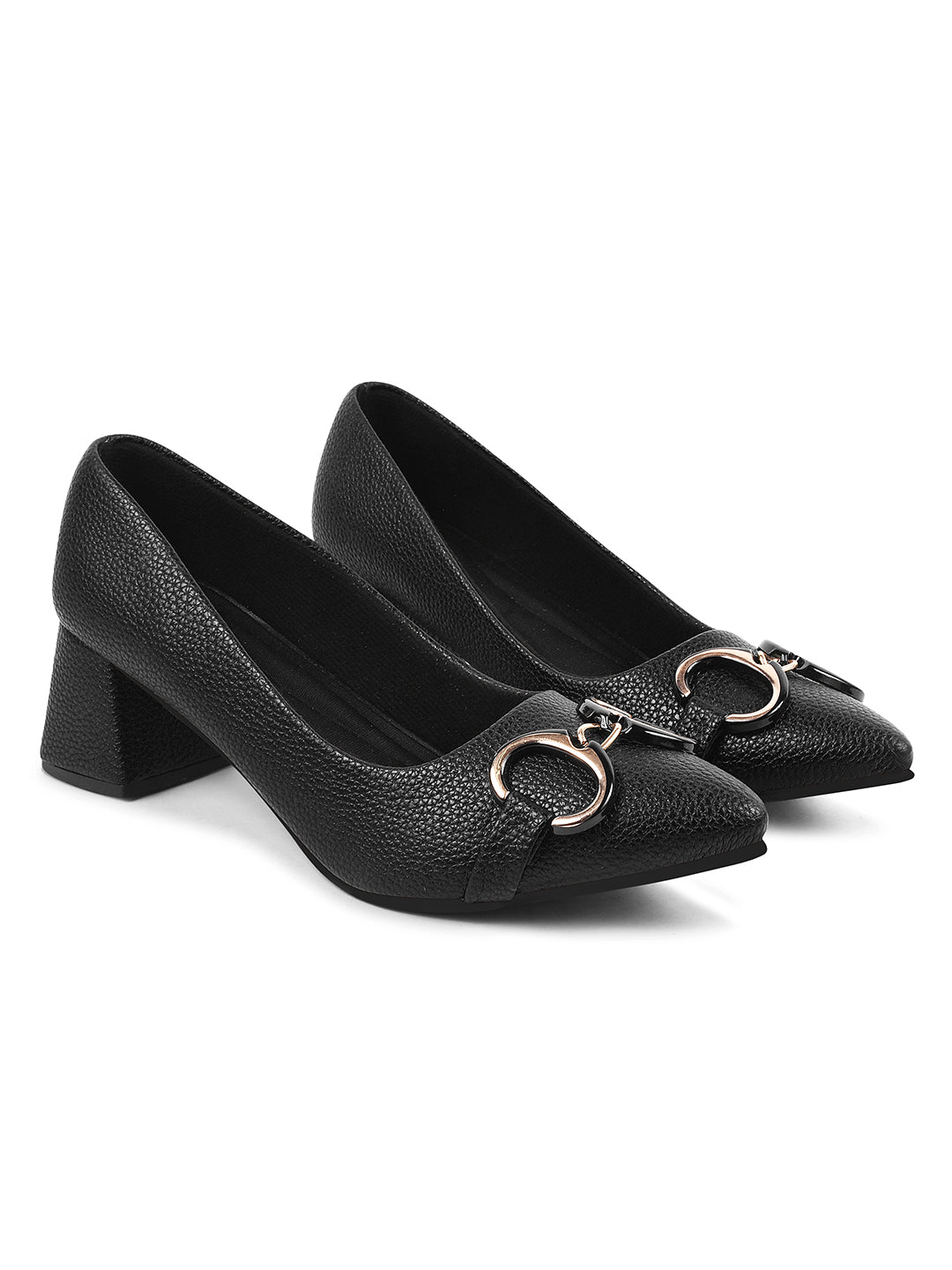 women's block heel pumps featuring a pointed toe and a decorative buckle embellishment
 Black