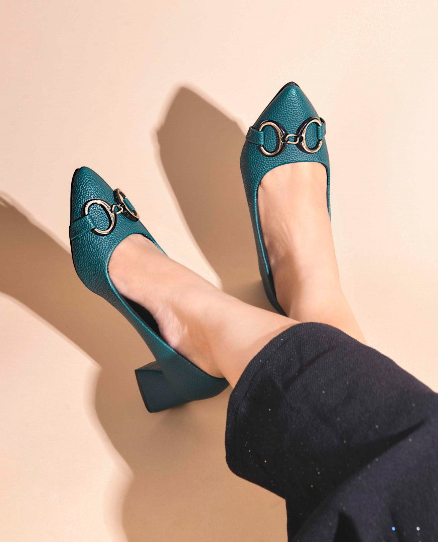 women's block heel pumps featuring a pointed toe and a decorative buckle embellishment
 Green