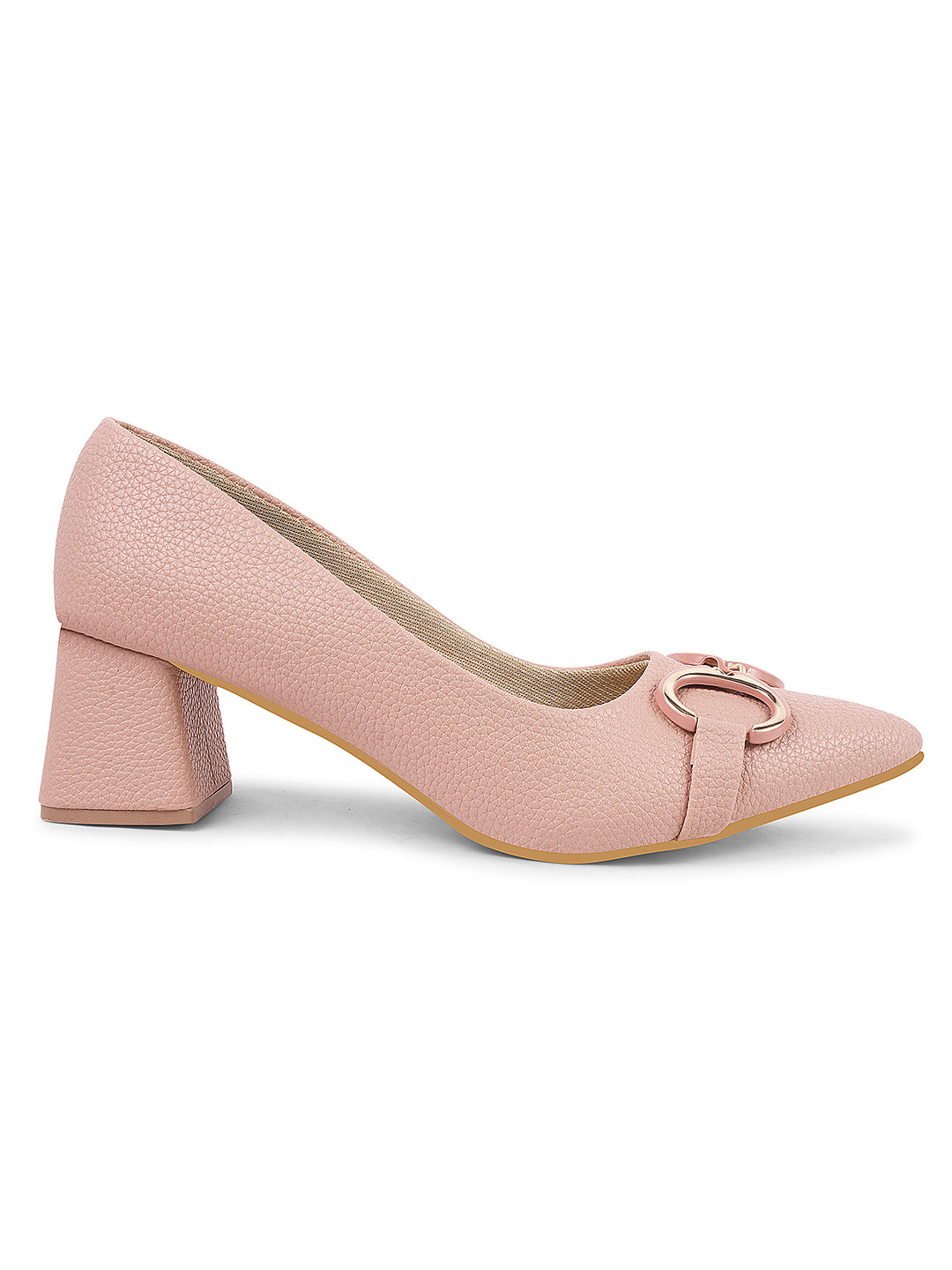 women's block heel pumps featuring a pointed toe and a decorative buckle embellishment
 Peach